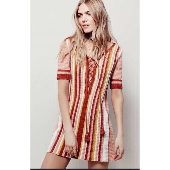 Free People Dresses & Skirts - FREE PEOPLE Sz XS LOLLYPOP SHORT SLEEVE KNIT COTTON DRESS SUNSET COMBO BOHEMIAN